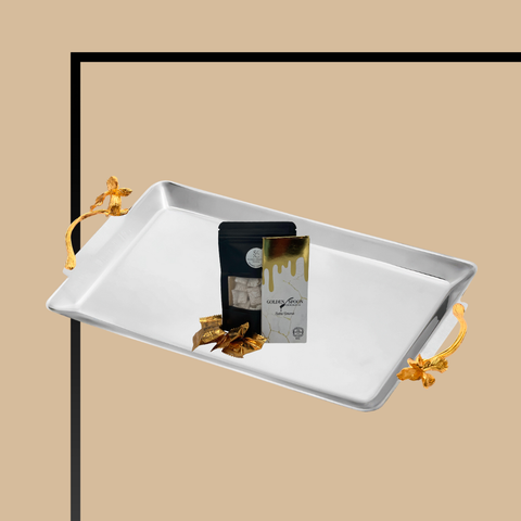 Metal Serving Tray with Gold Handles